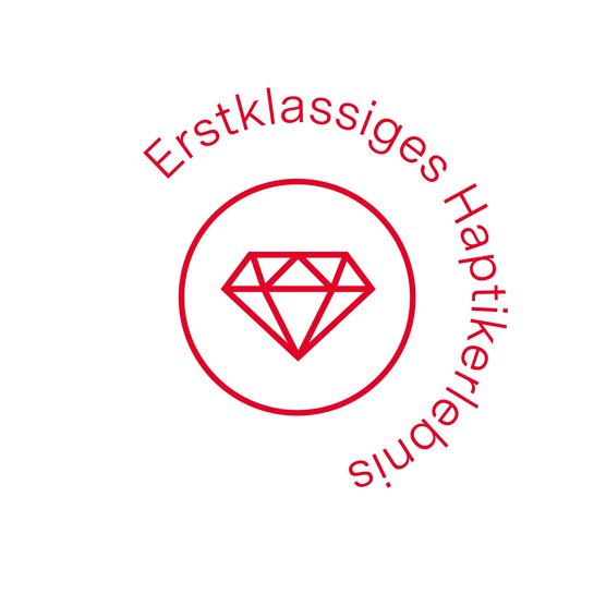 Ein roter Kreis mit einem Diamant darin: ewe nanoo hat eine erstklassige Haptik