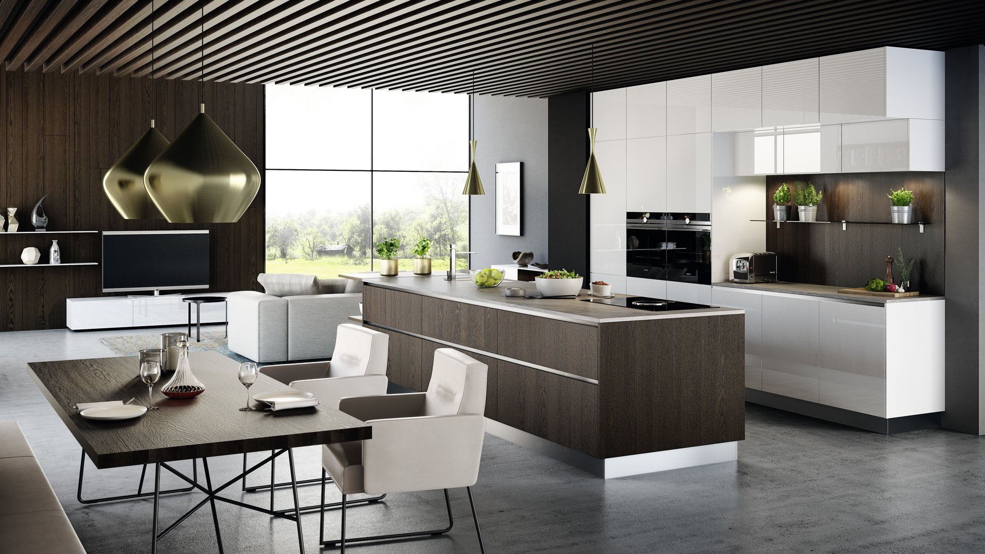 ewe Dura/Sternwald in acrylweiß/eiche dunkel ewe Inselküche in acrylweiß Hochglanz und eiche dunkel, davor ein Esstisch mit weißen Stühlen