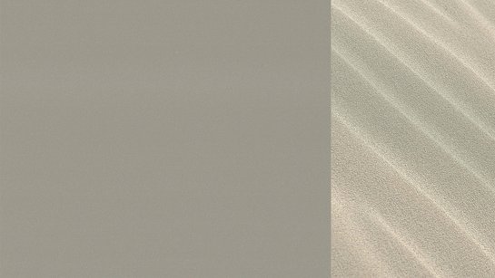 Farbkachel in sahara metallic, daneben eine farblich passende Abbildung von Kies