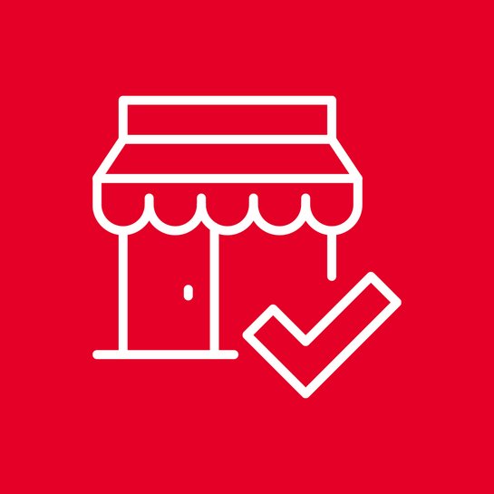 Weißes Schauraum-Icon auf rotem Hintergrund