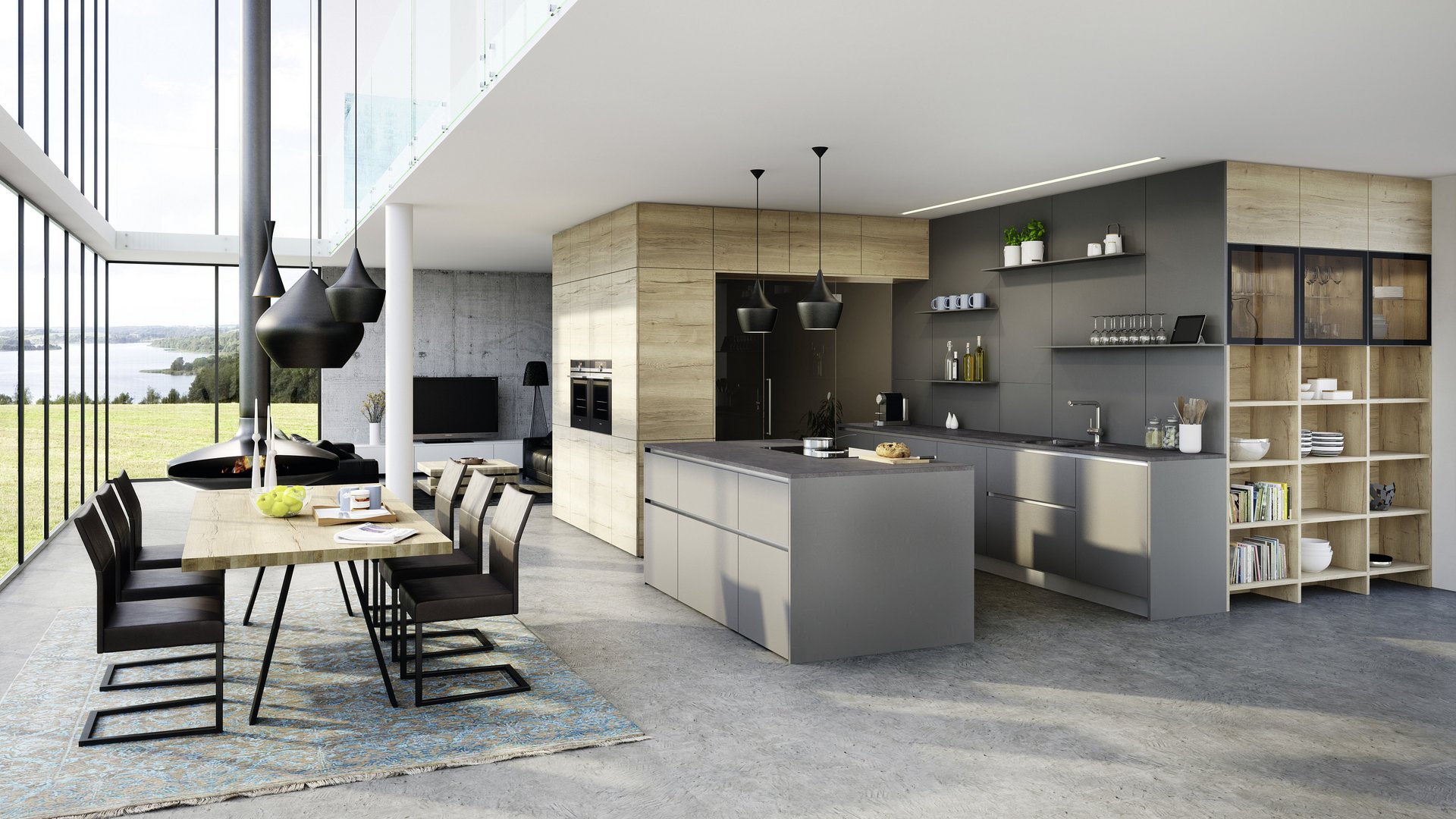 ewe nanoo®/Unita in basaltgrau/bergeiche Inselküche in grau und bergeiche mit Essplatz in großem, offenem Raum mit Glasfronten