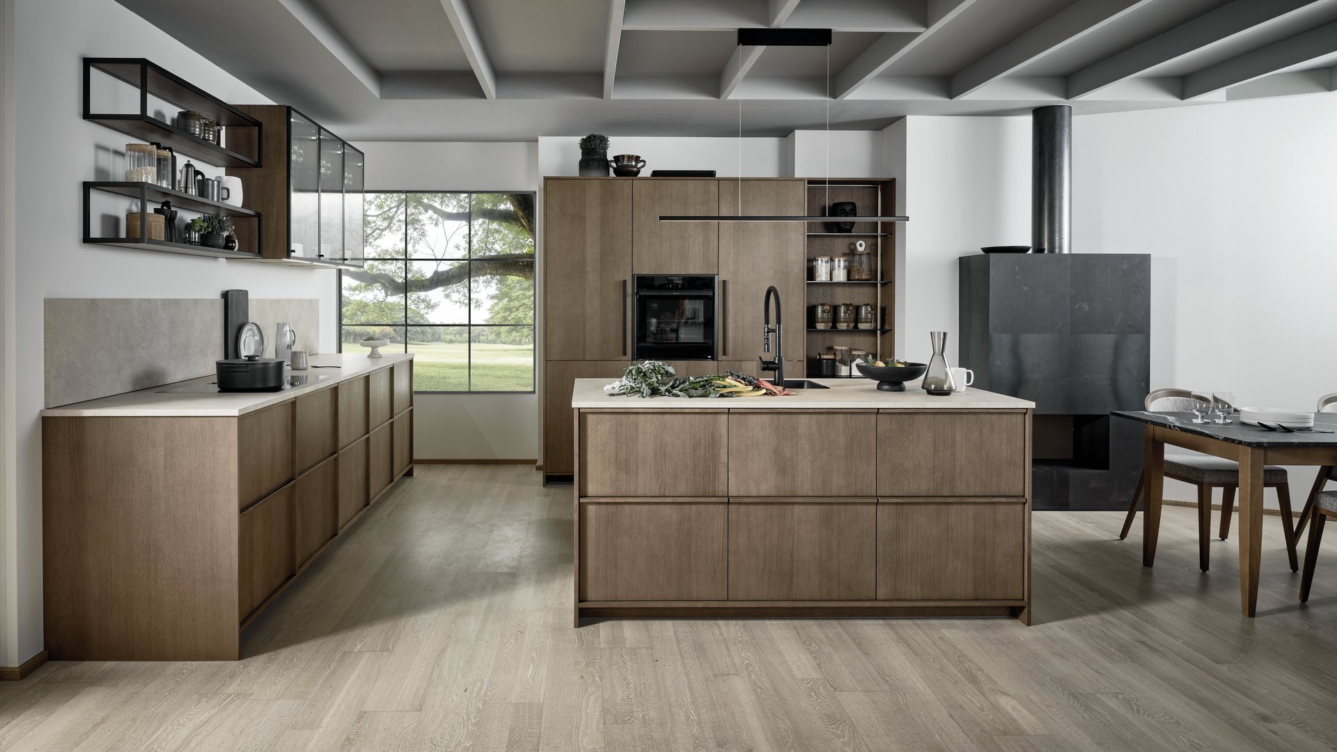 ewe Nordic in carameleiche Inselküche ewe Nordic in schlichtem Eichenfurnier in carameleiche