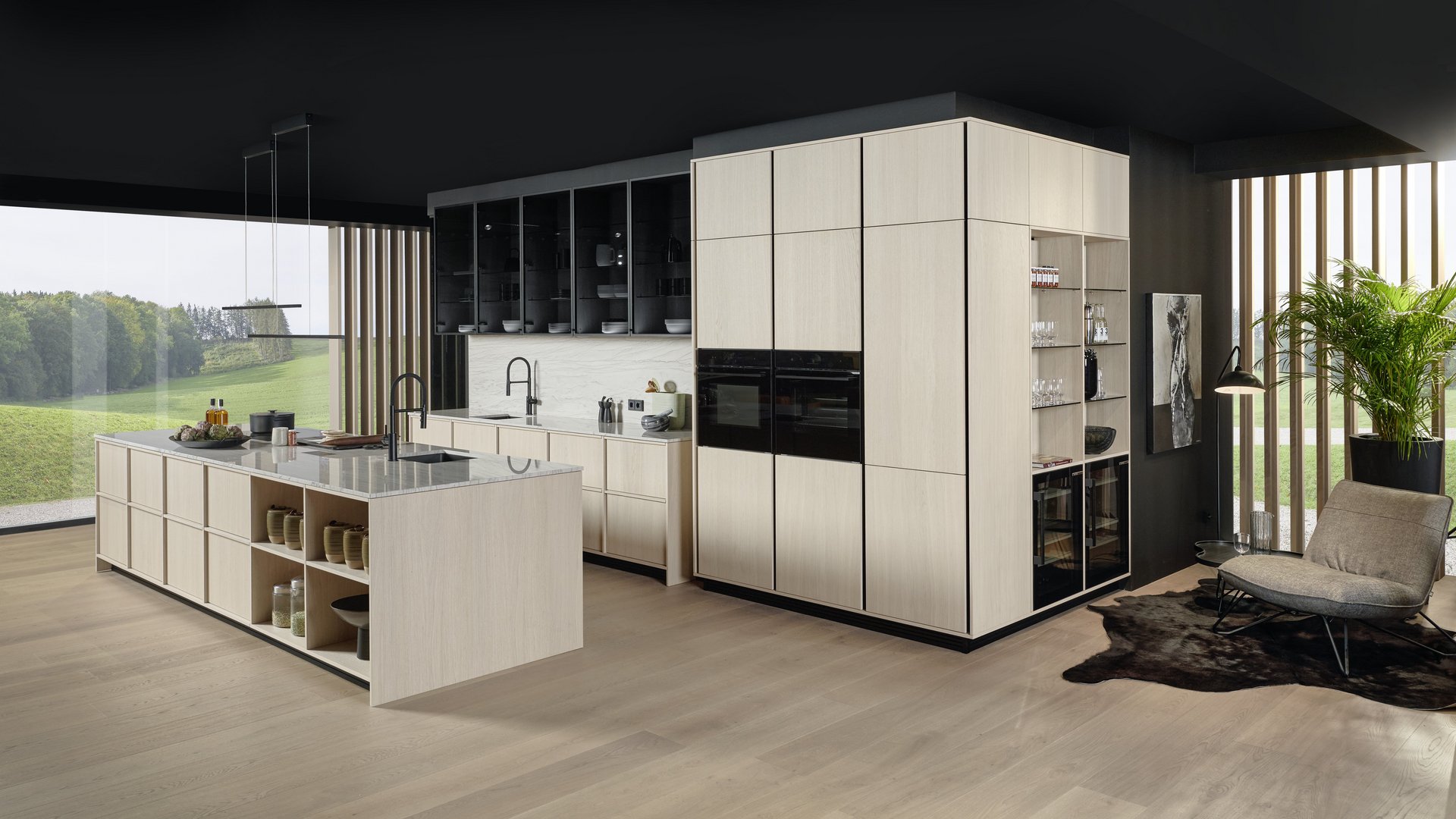 ewe Nordic in eiche weiß Helle Inselküche aus Eichenfurnier vor einem Fenster