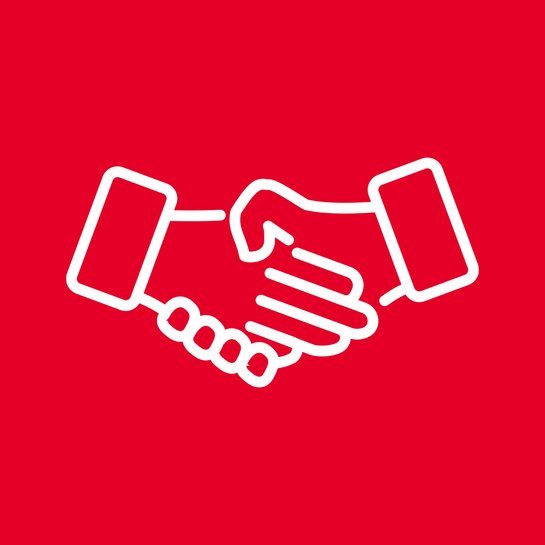 Weißes Handschlag-Icon auf rotem Hintergrund