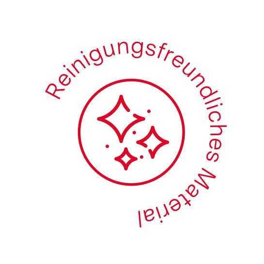 ewe nanoo® - reinigungsfreundliches Material Ein roter Kreis mit Sternen darin: ewe nanoo ist besonders reinigungsfreundlich