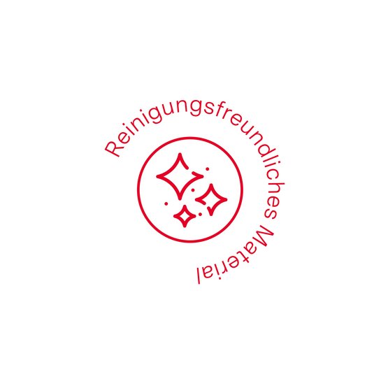 ewe nanoo® - reinigungsfreundliches Material Ein roter Kreis mit Sternen darin: ewe nanoo ist besonders reinigungsfreundlich