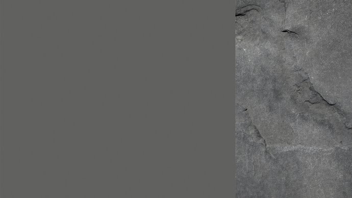 Farbkachel in gussgrau, daneben ein farblich passendes Bild von einer Steinoberfläche