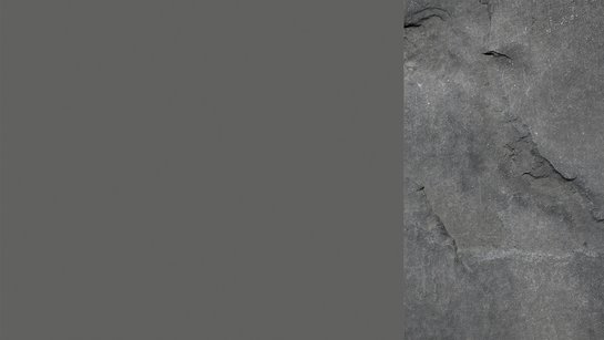 Farbkachel in gussgrau, daneben ein farblich passendes Bild von einer Steinoberfläche