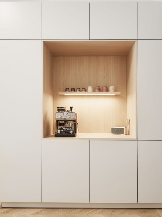 Eine stilvolle Nische mit Beleuchtung für den täglichen Kaffeegenuss.