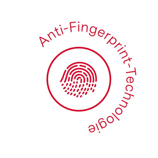ewe nanoo® - Anti-Fingerprint Roter Kreis mit Fingerabdruck darin: ewe nanoo hat eine Anti-Fingerprint-Beschichtung
