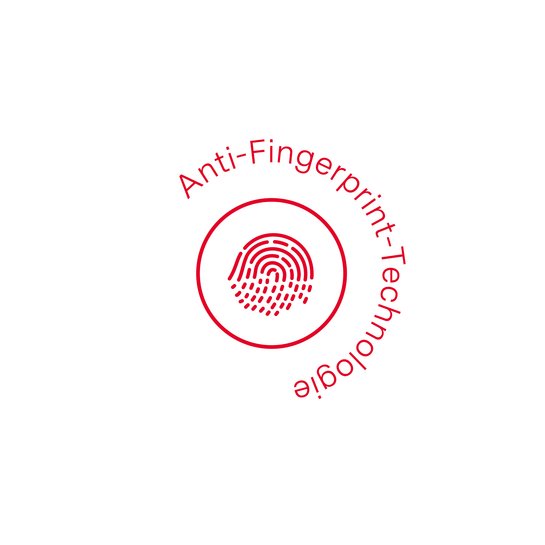 ewe nanoo® - Anti-Fingerprint Roter Kreis mit Fingerabdruck darin: ewe nanoo hat eine Anti-Fingerprint-Beschichtung