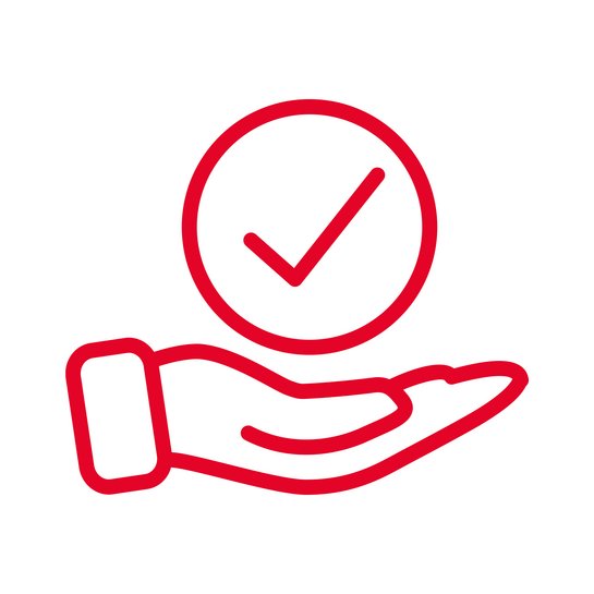 Küchenkauf beim ewe Fachhändler Rotes Icon: Geöffnete Hand, darüber ein Häkchen in einem Kreis