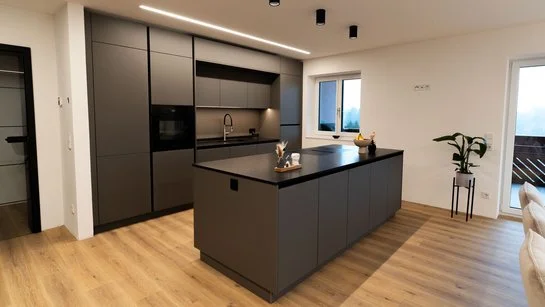 Gesamtansicht der modernen Inselküche im Modell ewe nanoo® in basaltgrau mit großzügiger Kücheninsel und deckenhoher Hochschrankplanung.