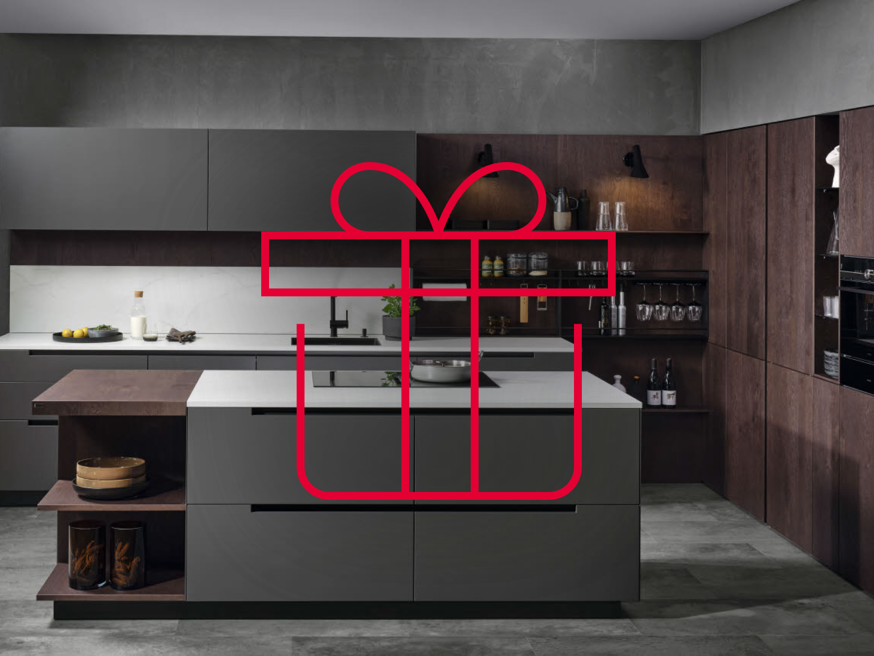 Küche mit einem Geschenks-Icon in rot